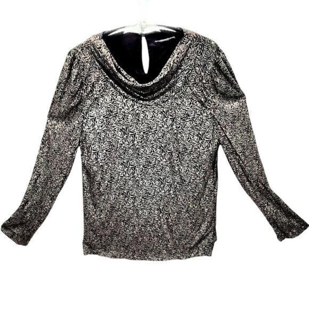 Vintage Black Iridescent Metallic Floral Cowl Neck Long Sleeve Whimsy Blouse Top